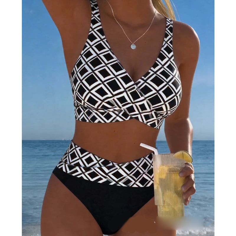 👙 50% RABATT NU! Tvådelad bikini med hög midja för kvinnor – stilrent geometriskt mönster, V-ringad & magkontroll – perfekt för strand, pool och semester 🌊✨