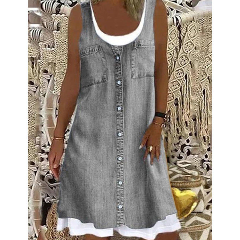 🔥 50% RABATT 👗 Faux Two-Piece Denim Print Dress ✨ Trendig lager-på-lager-look med elegant passform & bekväm känsla hela dagen 💙