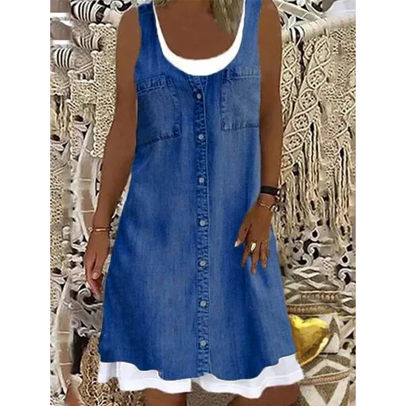 🔥 50% RABATT 👗 Klänning i tvådelat utförande med denimtryck (imitation) ✨ Trendig lager-på-lager-look med elegant passform & bekväm känsla hela dagen 💙