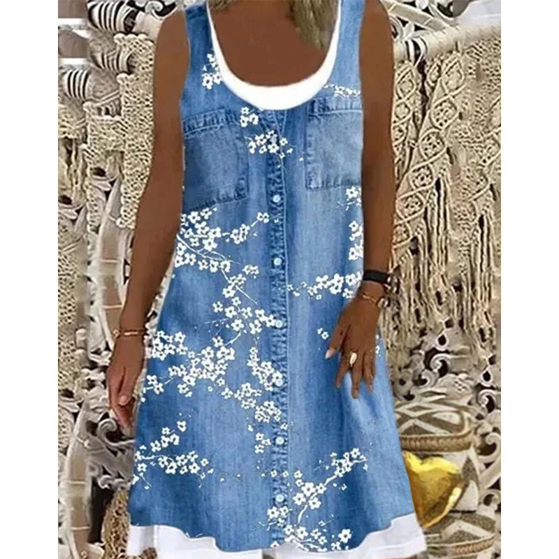 🔥 50% RABATT 👗 Klänning i tvådelat utförande med denimtryck (imitation) ✨ Trendig lager-på-lager-look med elegant passform & bekväm känsla hela dagen 💙