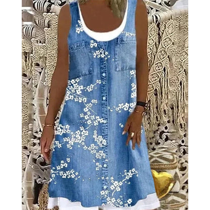 🔥 50% RABATT 👗 Faux Two-Piece Denim Print Dress ✨ Trendig lager-på-lager-look med elegant passform & bekväm känsla hela dagen 💙