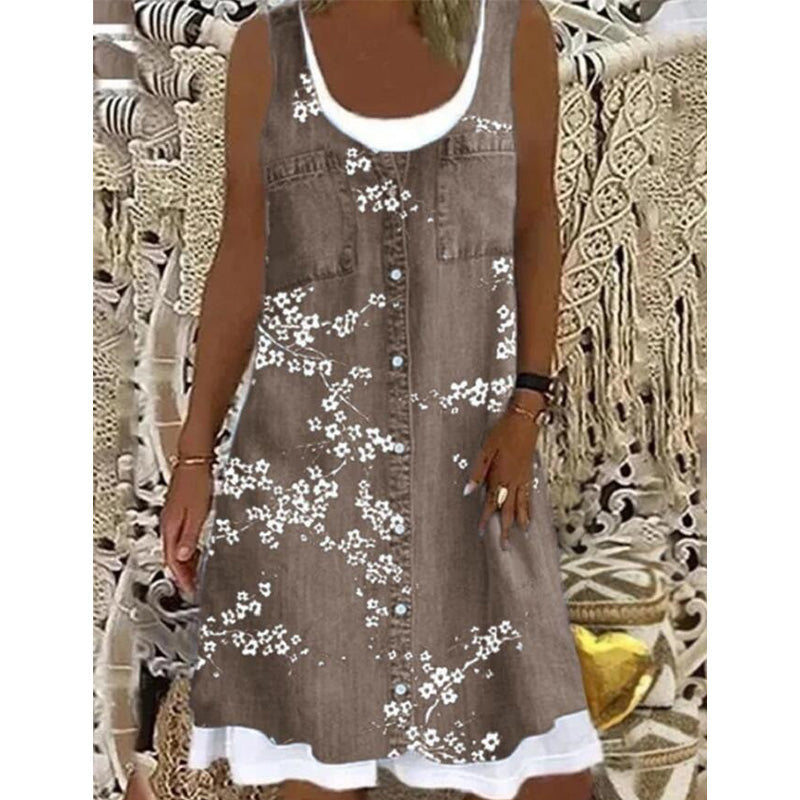🔥 50% RABATT 👗 Faux Two-Piece Denim Print Dress ✨ Trendig lager-på-lager-look med elegant passform & bekväm känsla hela dagen 💙