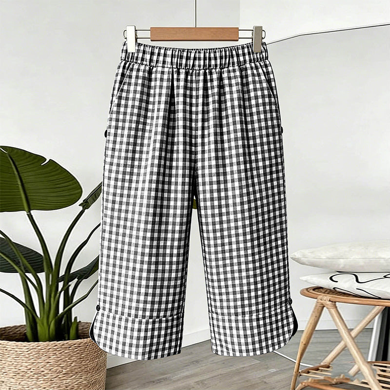 👖🌿 Rutiga capribyxor i bomull-linne med resår och fickor