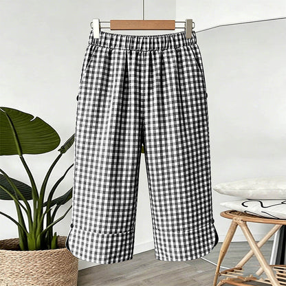 👖🌿 Rutiga capribyxor i bomull-linne med resår och fickor