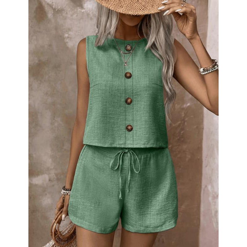 👚🩳 Avslappnat sommarcrop-set med knappar och dragsko