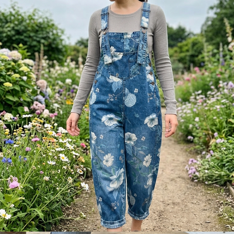 👖🌸 Denimoverall med blommönster och justerbara hängslen