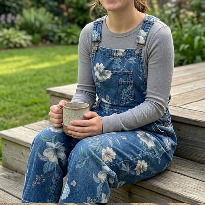 👖🌸 Denimoverall med blommönster och justerbara hängslen