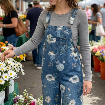 👖🌸 Denimoverall med blommönster och justerbara hängslen