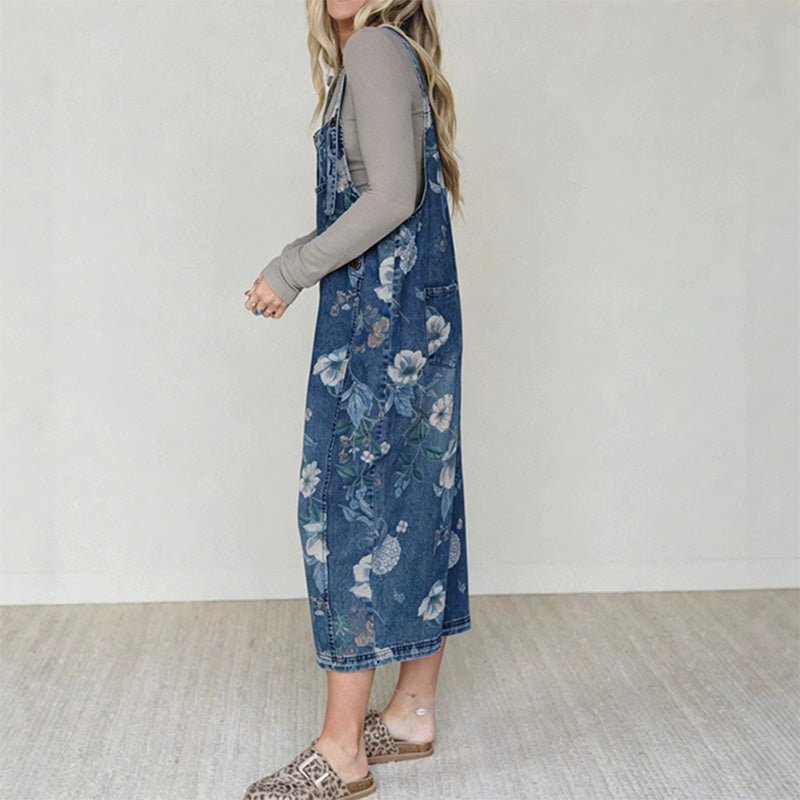 👖🌸 Denimoverall med blommönster och justerbara hängslen