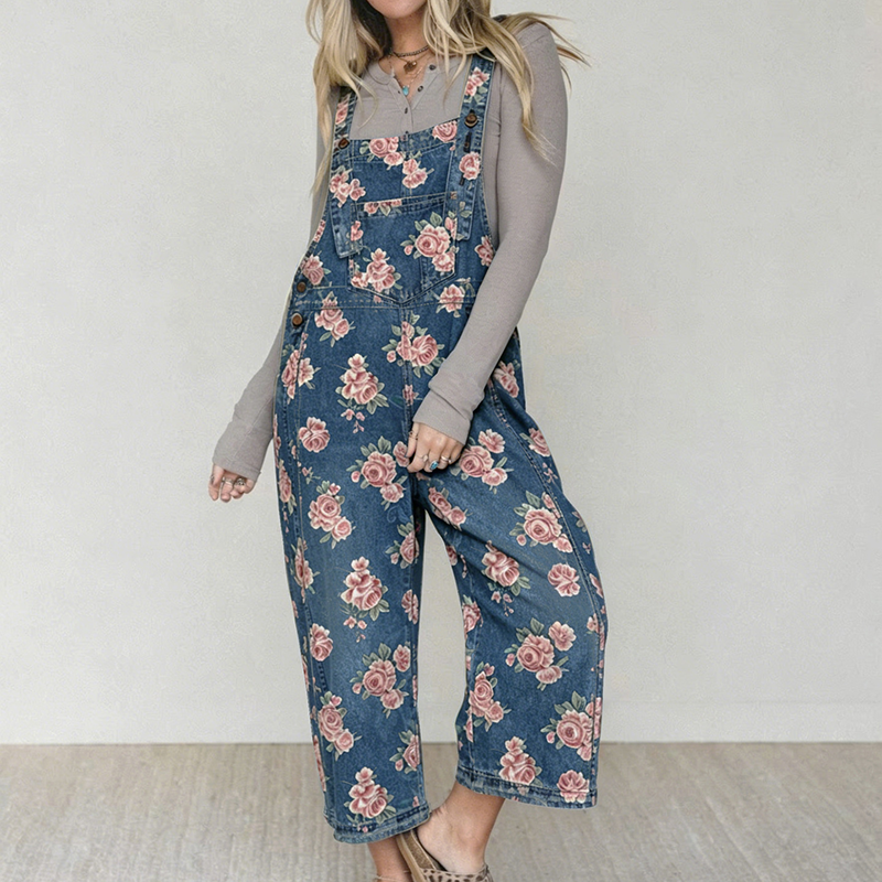 👖🌸 Denimoverall med blommönster och justerbara hängslen