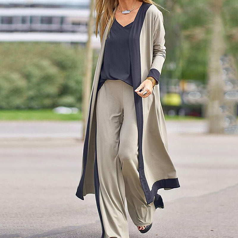 👗✨ Elegant 3-delat set med cardigan, väst och vida ben