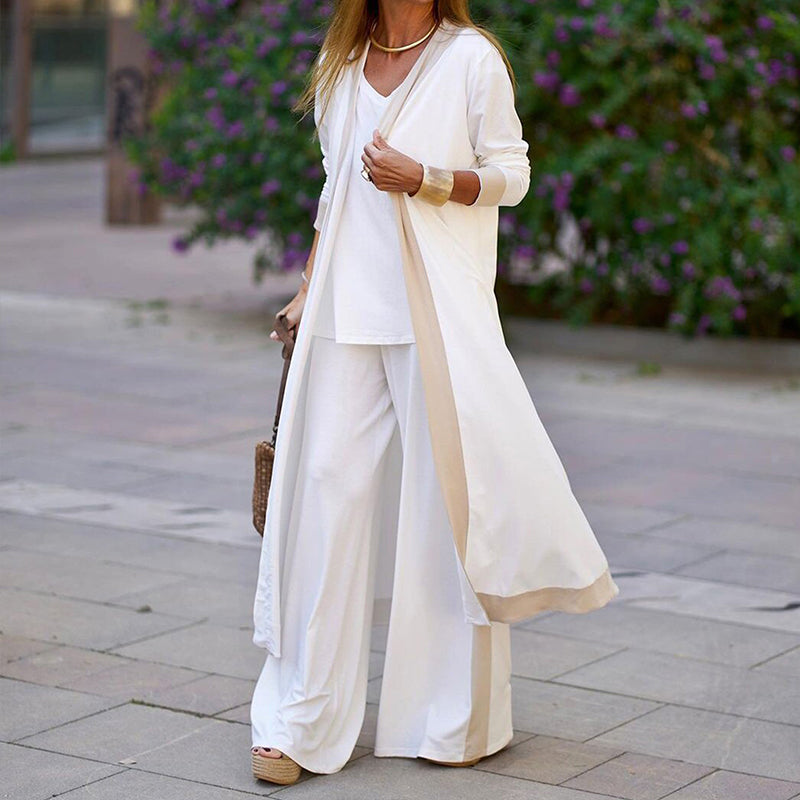 👗✨ Elegant 3-delat set med cardigan, väst och vida ben