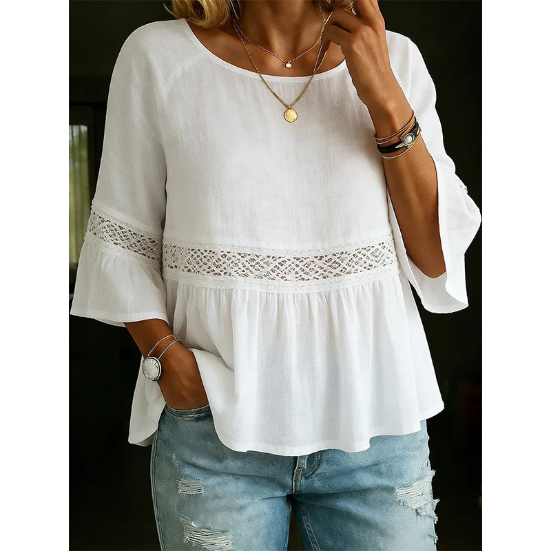 👚🌸 Spetsblus med V-ringning, peplum och volangärmar