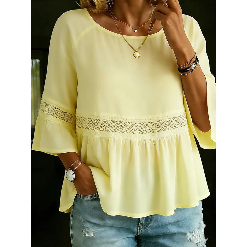 👚🌸 Spetsblus med V-ringning, peplum och volangärmar