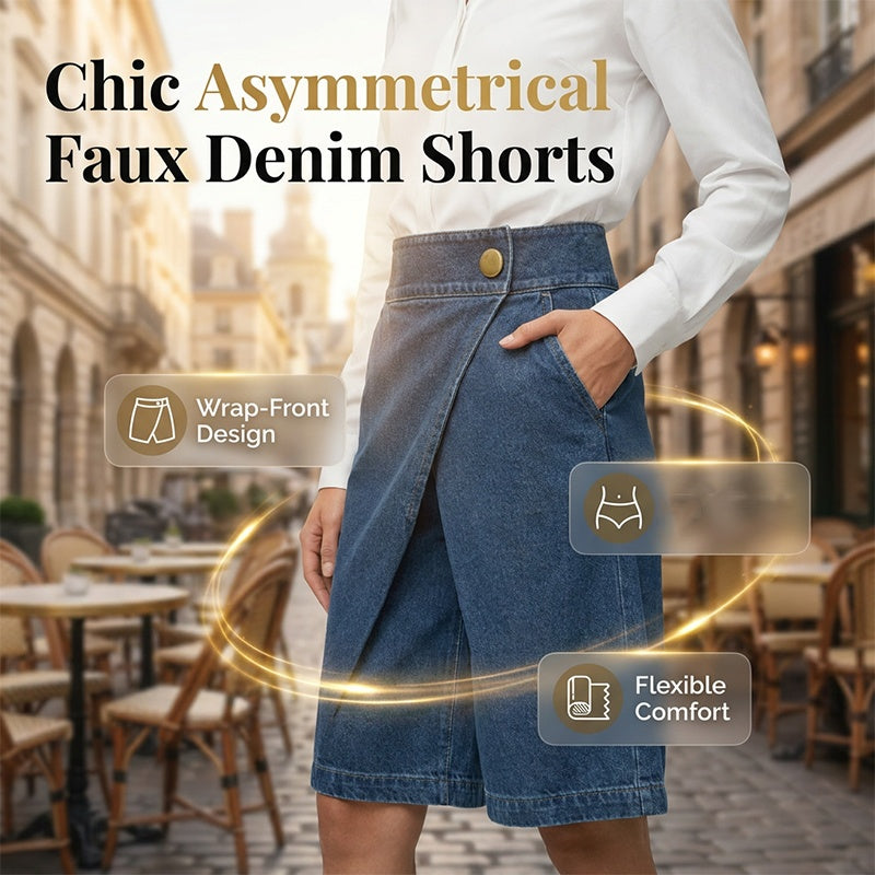🩳 50% RABATT NU! 🧵 Dams Asymmetriska Breda Shorts – Snygg Faux Denim & Vintage Elegans 🌊