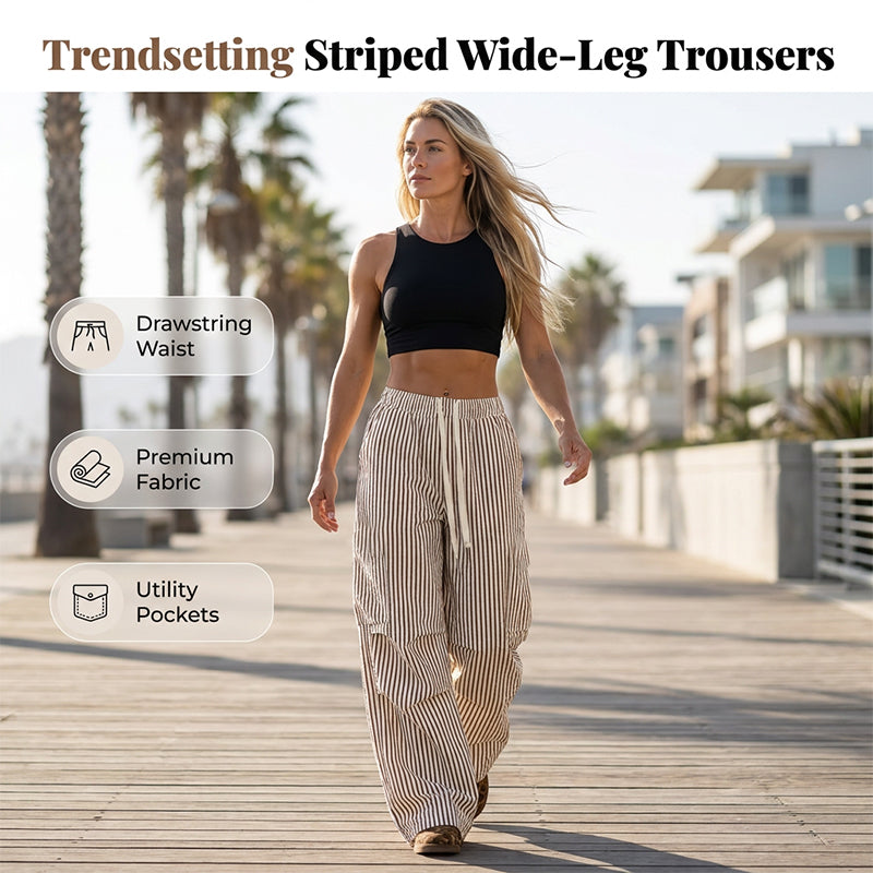 👖✨ Avslappnade randiga cargo byxor med vida ben