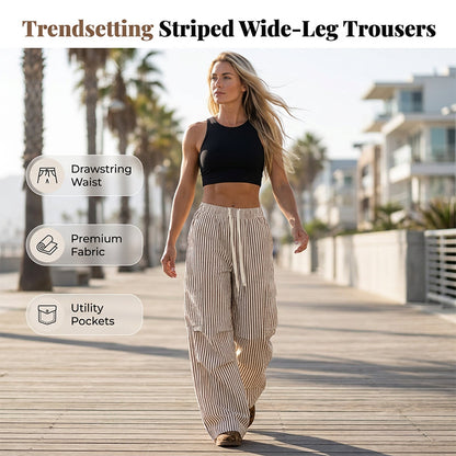 👖✨ Avslappnade randiga cargo byxor med vida ben