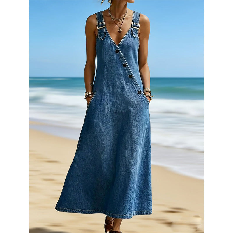 👗✨Snygg asymmetrisk denimklänning med knappar för damer – avslappnad vardagschic🔥