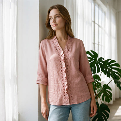👚🌸 Avslappnad V-ringad spetsblus med knappar