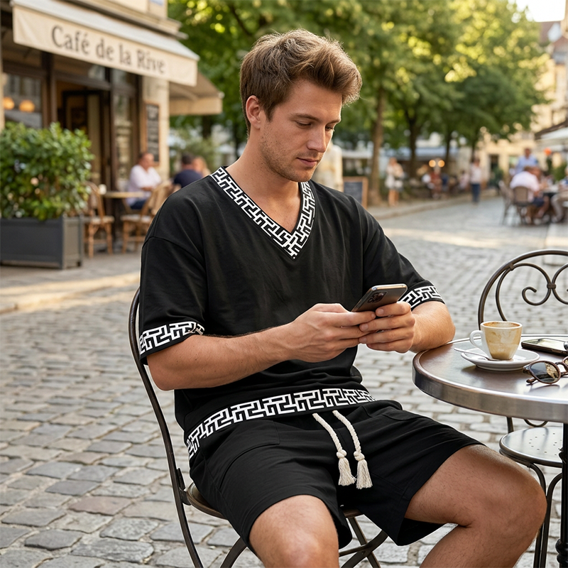 👕🩳 Avslappnat set med geometriska detaljer och fickor