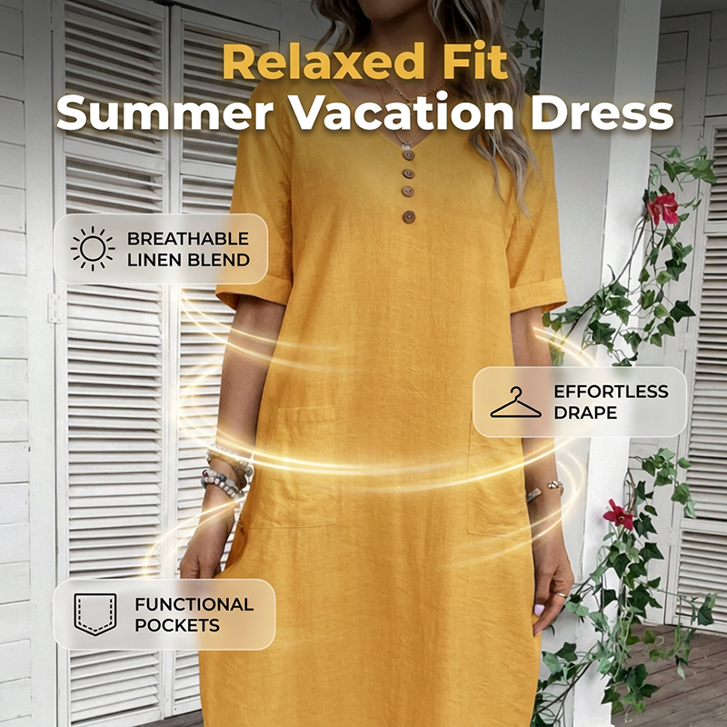 👗🌿 Avslappnad V-ringad sommarklänning med fickor