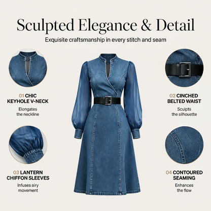 👗Midi-klänning i denim med smal passform och ståkrage – elegant och chic till vardags✨