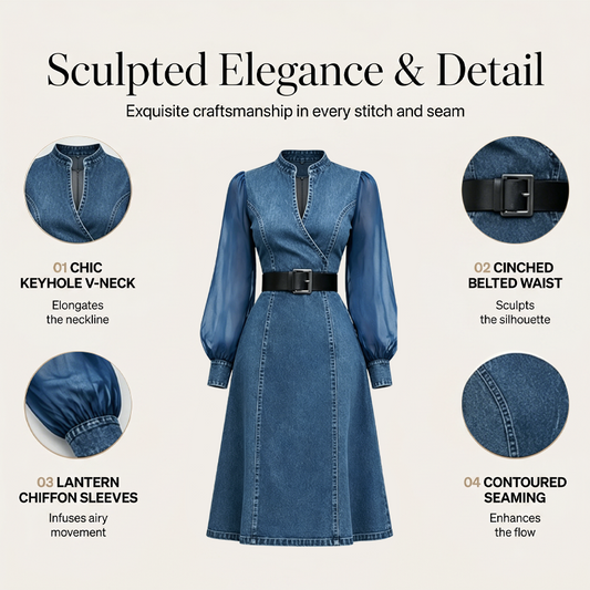 👗Midi-klänning i denim med smal passform och ståkrage – elegant och chic till vardags✨