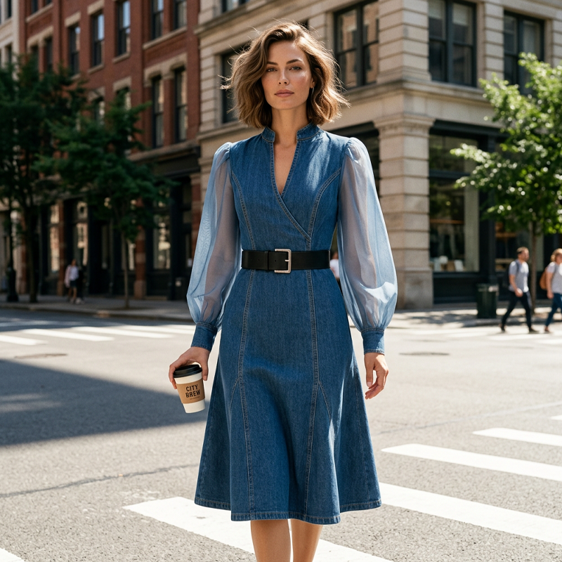 👗Midi-klänning i denim med smal passform och ståkrage – elegant och chic till vardags✨
