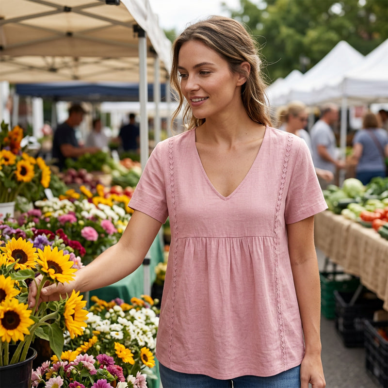 👚✨Elegant T-shirt med V-ringning för damer – smickrande halsringning, mjukt tyg och mångsidig – perfekt för vardagen, kontoret och fritiden – lätt att kombinera