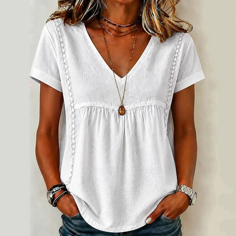 👚✨Elegant T-shirt med V-ringning för damer – smickrande halsringning, mjukt tyg och mångsidig – perfekt för vardagen, kontoret och fritiden – lätt att kombinera