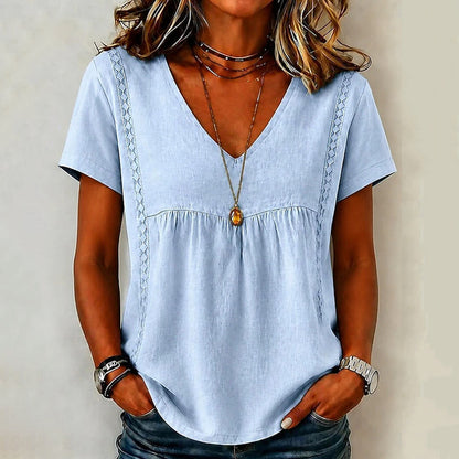 👚✨Elegant T-shirt med V-ringning för damer – smickrande halsringning, mjukt tyg och mångsidig – perfekt för vardagen, kontoret och fritiden – lätt att kombinera