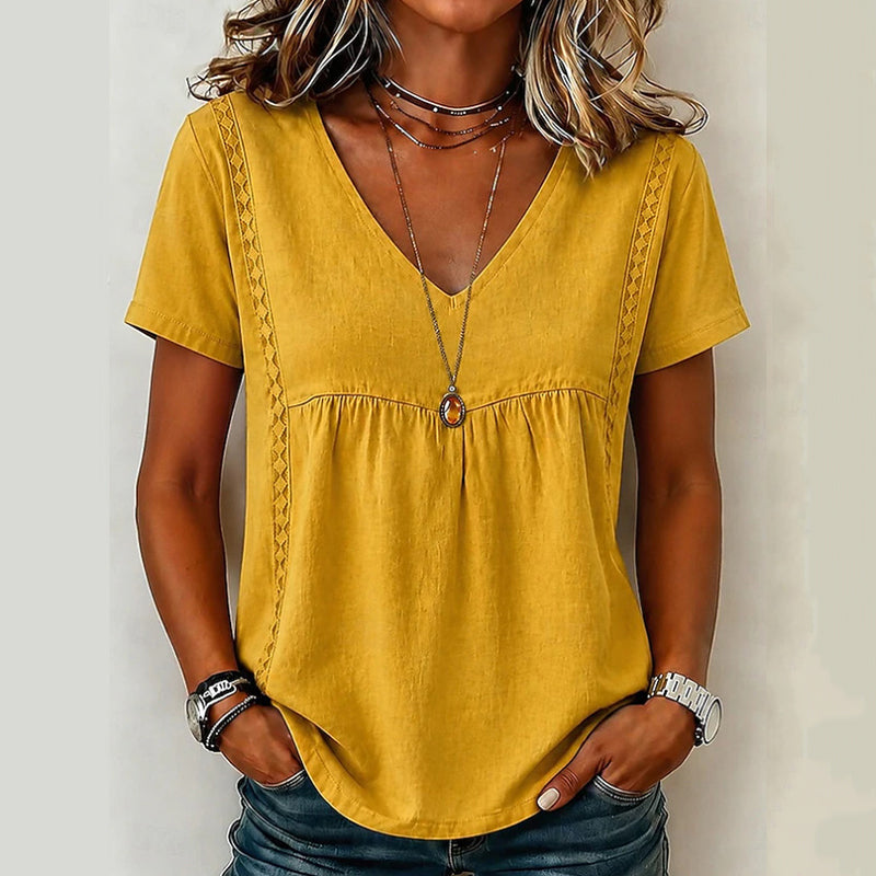 👚✨Elegant T-shirt med V-ringning för damer – smickrande halsringning, mjukt tyg och mångsidig – perfekt för vardagen, kontoret och fritiden – lätt att kombinera
