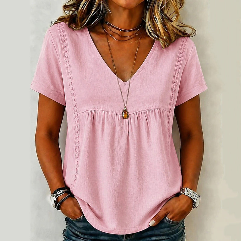 👚✨Elegant T-shirt med V-ringning för damer – smickrande halsringning, mjukt tyg och mångsidig – perfekt för vardagen, kontoret och fritiden – lätt att kombinera
