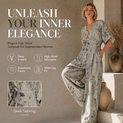 Elegant jumpsuit med V-ringning och tryck för damer
