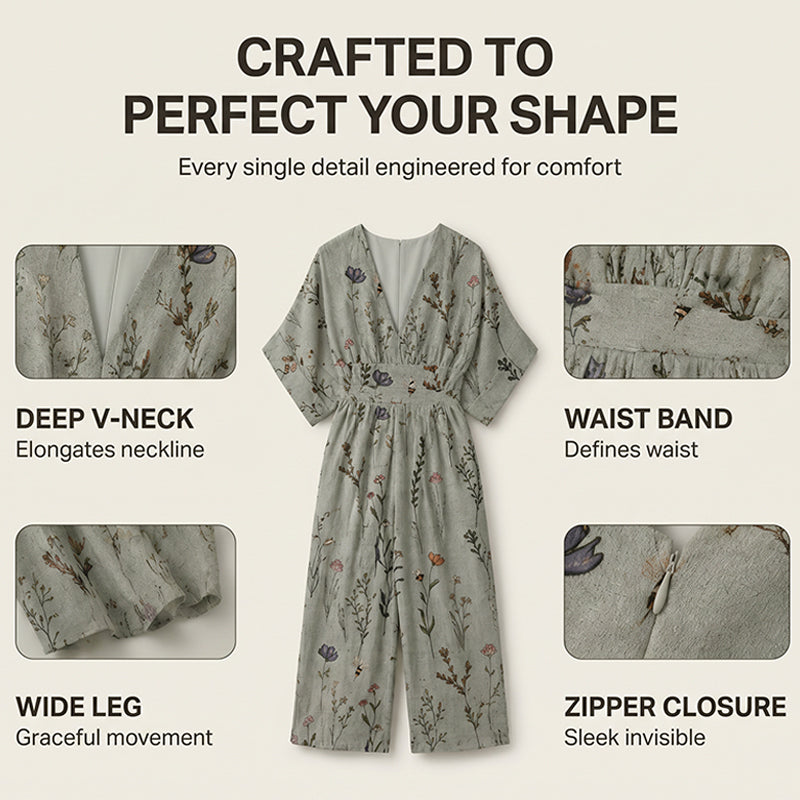 Elegant jumpsuit med V-ringning och tryck för damer