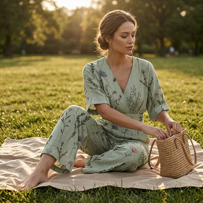 Elegant jumpsuit med V-ringning och tryck för damer