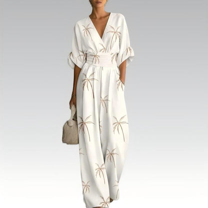 Elegant jumpsuit med V-ringning och tryck för damer