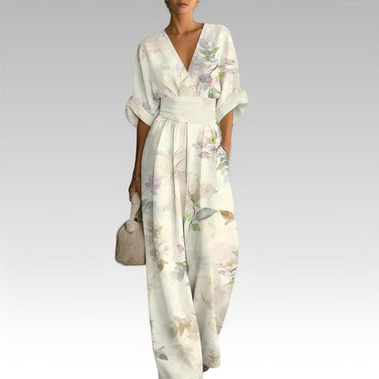 Elegant jumpsuit med V-ringning och tryck för damer