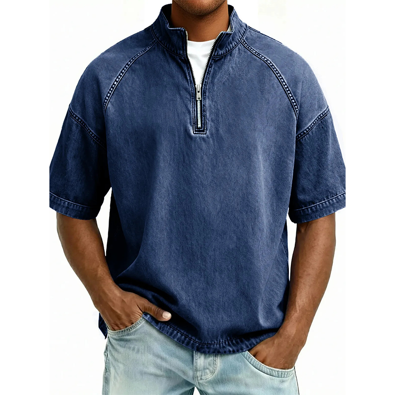 Vintage-T-shirt i denim med halv dragkedja för män