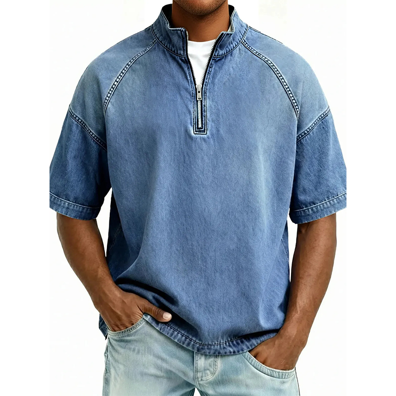 Vintage-T-shirt i denim med halv dragkedja för män