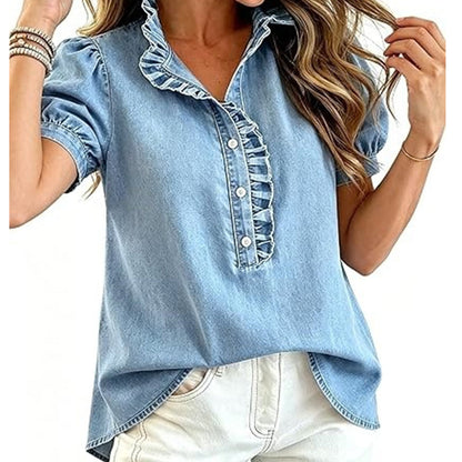 Jeansblus med volangkrage för damer