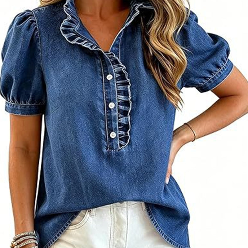Jeansblus med volangkrage för damer