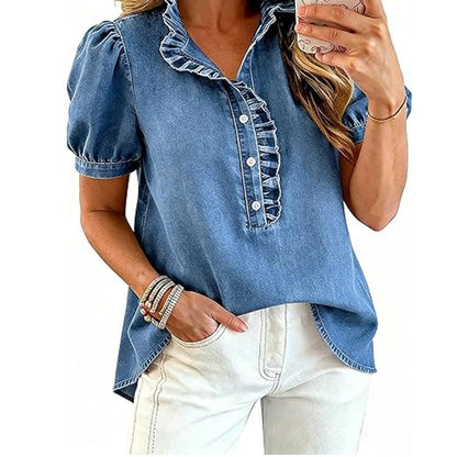 Jeansblus med volangkrage för damer