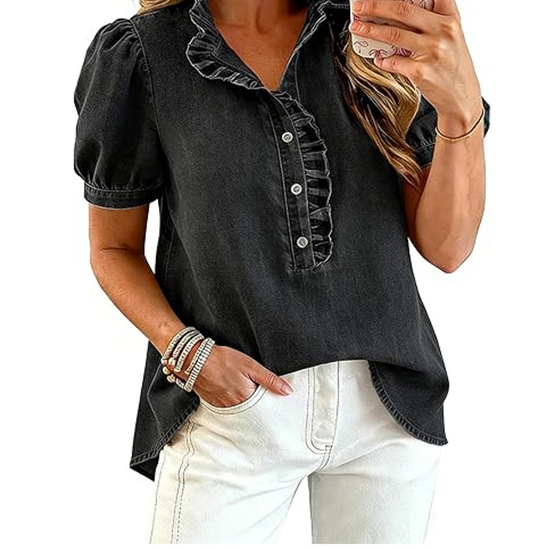 Jeansblus med volangkrage för damer