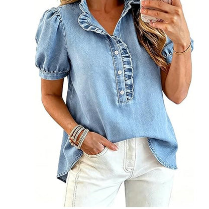 Jeansblus med volangkrage för damer