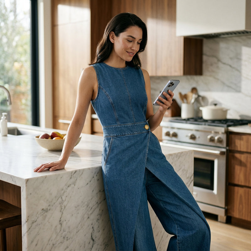 Damas ärmlösa asymmetriska omlott-jumpsuit i denim