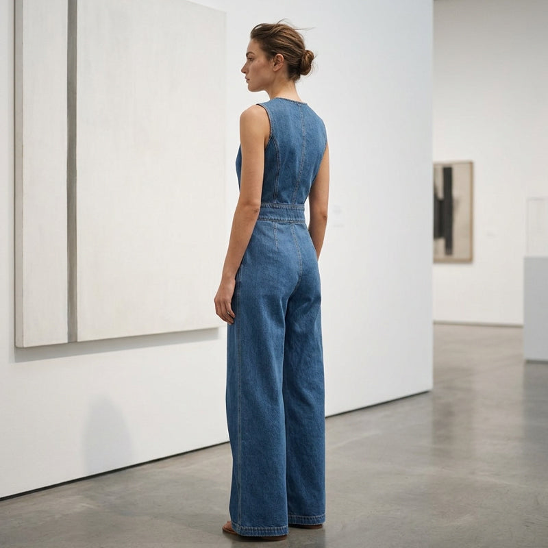 Damas ärmlösa asymmetriska omlott-jumpsuit i denim
