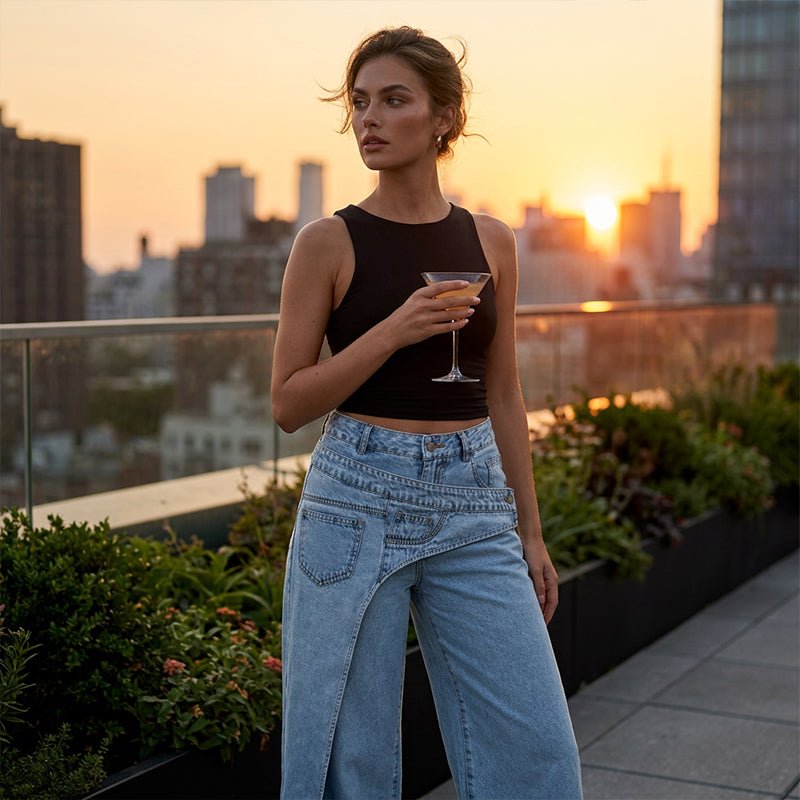⌛Tidsbegränsat erbjudande – Damjeans med asymmetrisk midja och vida ben