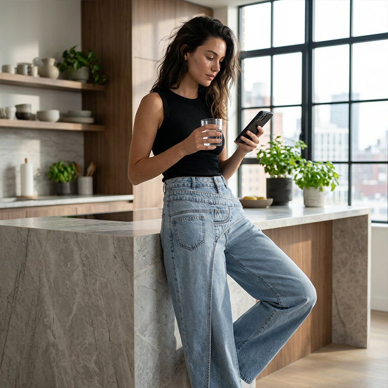 ⌛Tidsbegränsat erbjudande – Damjeans med asymmetrisk midja och vida ben