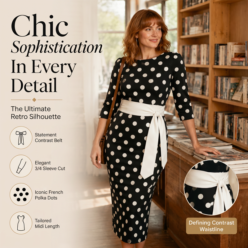 👗🌸 Elegant klänning i retrostil med polka-mönster – tidlös och feminin